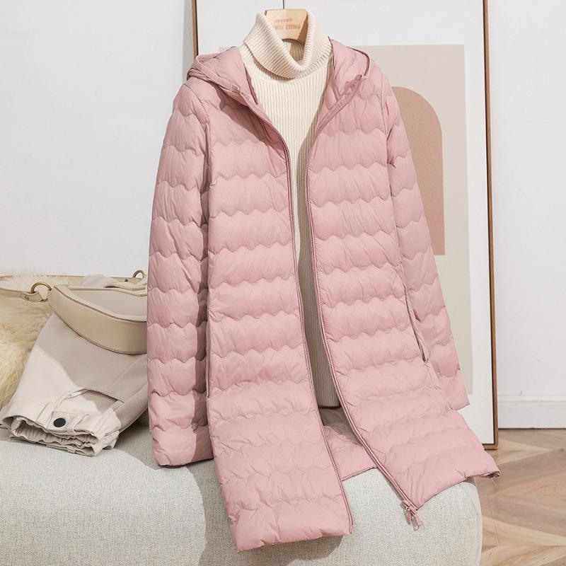 Autumn and Winter New Fashion Hooded Wavy Medium and Long Light Down Jacket Women's Zipper Jacket Warm Tide