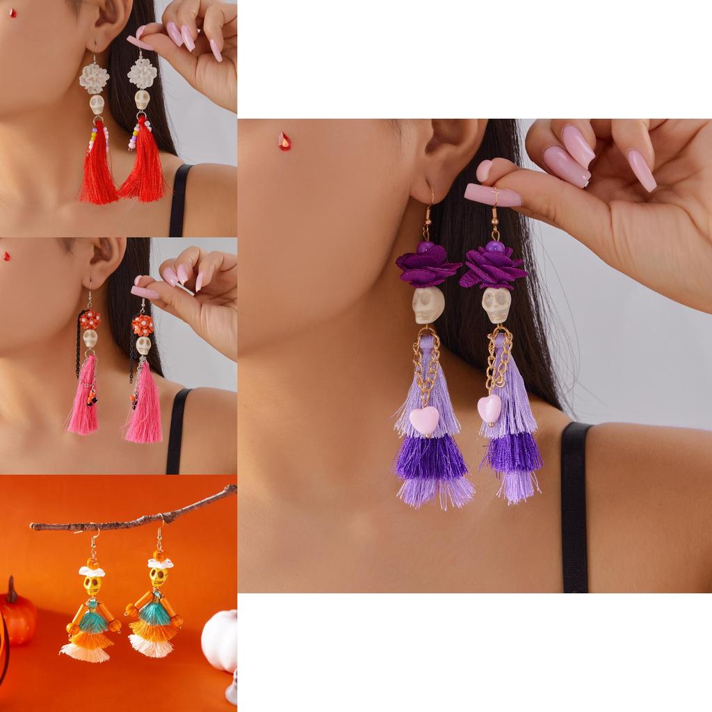 Skeleton Skull Tassel Earrings With Resin Material For Festive Halloween Wear