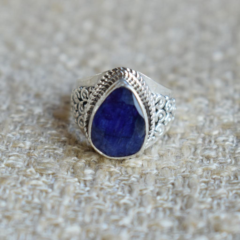 Teardrop Sapphire Ring, Boho 925 Sterling Silver, Handmade Ring