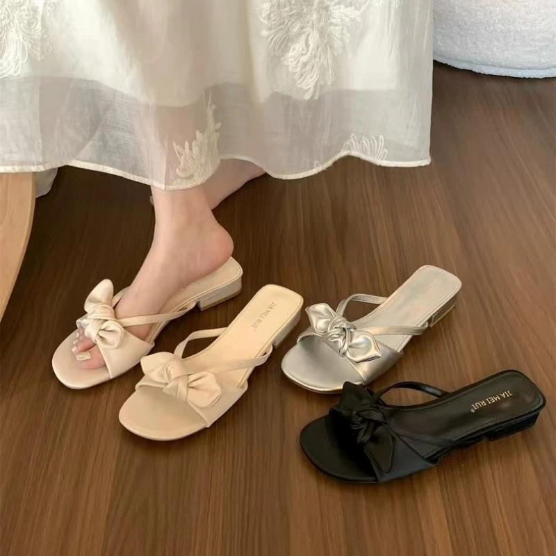 Middle Heel Peep Toe PU Butterfly-knot Shoes for Women 2024 New Modern Slippers Summer Outdoor New Women's Slippers