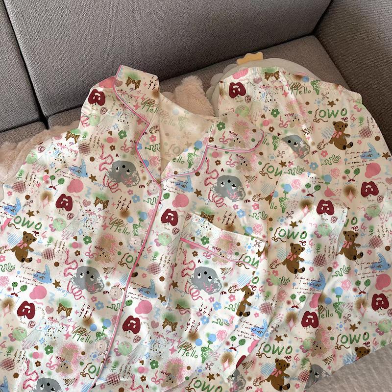 Ensemble de Pyjama Mignon à Carreaux pour Filles Printemps Automne Manches Longues Vêtements de Nuit Décontractés pour Femmes Ample Vêtements d'Intérieur