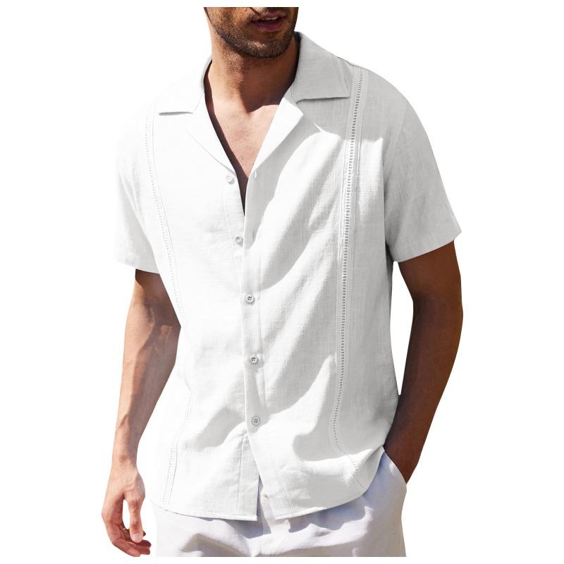Men Cuban Collar Hollow Out Detail Solid Short Sleeve Casual Button Up Shirt S белый