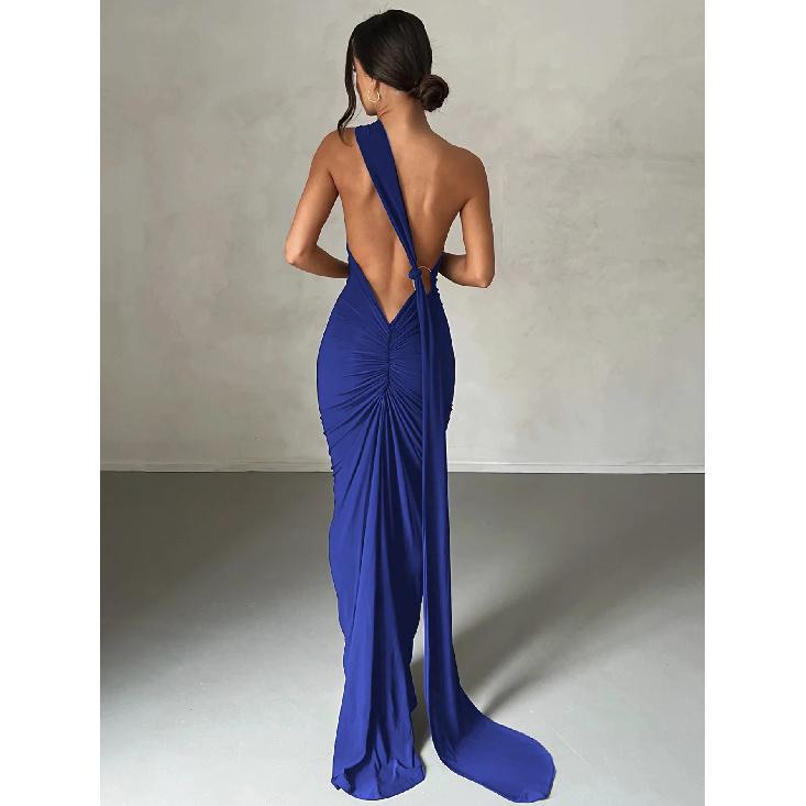 One Shoulder Rückenfrei Verstellbarer Schal Loop Gerafftes Sexy Maxikleid Damen Elegant Y2K Streetwear Festival Outfit