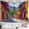 1pc Tapestry Vibrant Town Street Scene Tapestry, Church Bell Tower Framed by Blooming Flowers And Colorful Buildings