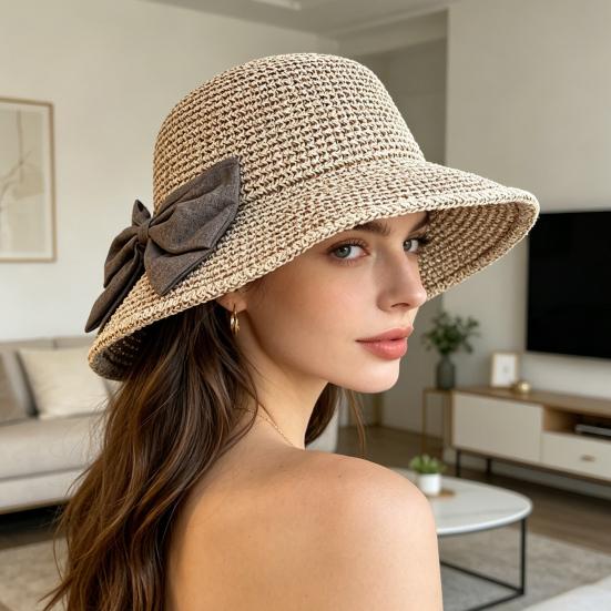 Women Beach Hat, Wide Brim Sun Protection Hat, Foldable Straw Summer Hat with Bowknot Decor, Breathable Outdoor Hat for Fishing, Travel