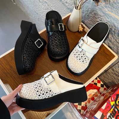The First Layer of Sheepskin Insoles Bag Head Slippers Women's 2026 Spring and Summer Retro Woven Semi-drag French Sandals
