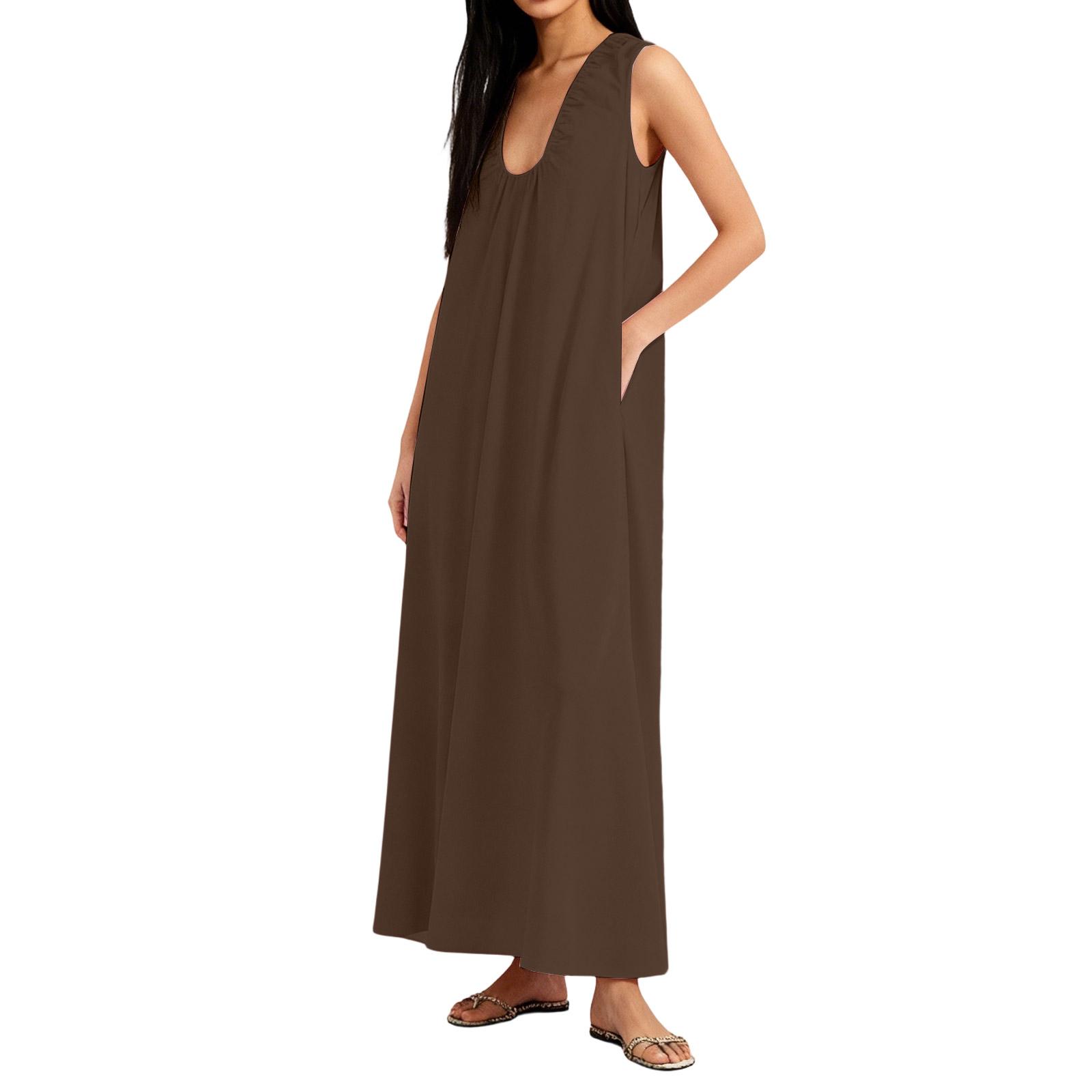 

Ladies Fashionable Wide Shoulder Strap Pleated V-neck Sleeveless Pullover Dress S кавовий