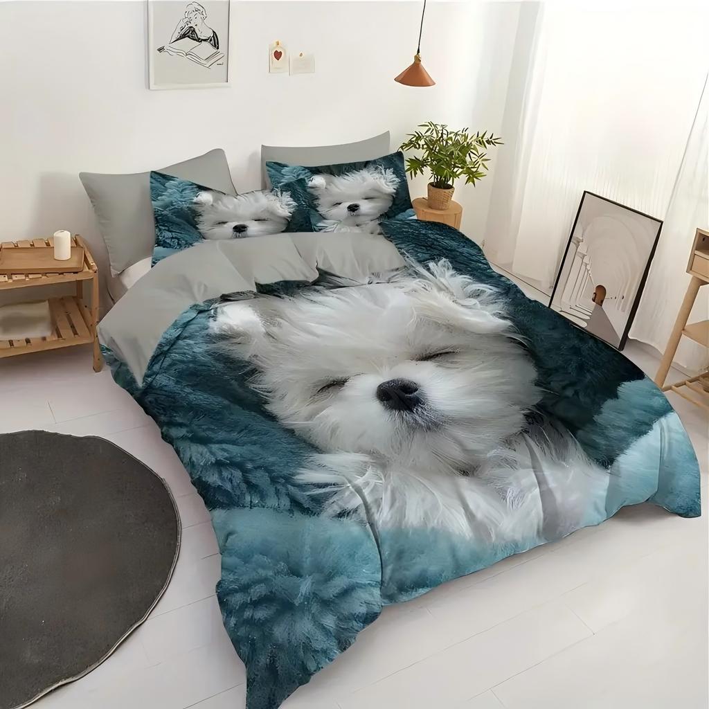 Comforter Cute White Dog 3D Print Bedding Set For Kids Teens Adult Animal Theme Soft Comfortable Home Textiles Set