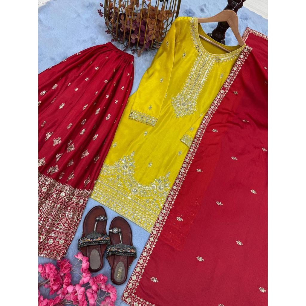 Launching New  Đěsigner Party Wear Look Pur Chinon Silk Top Plazzo & Dupatta Set