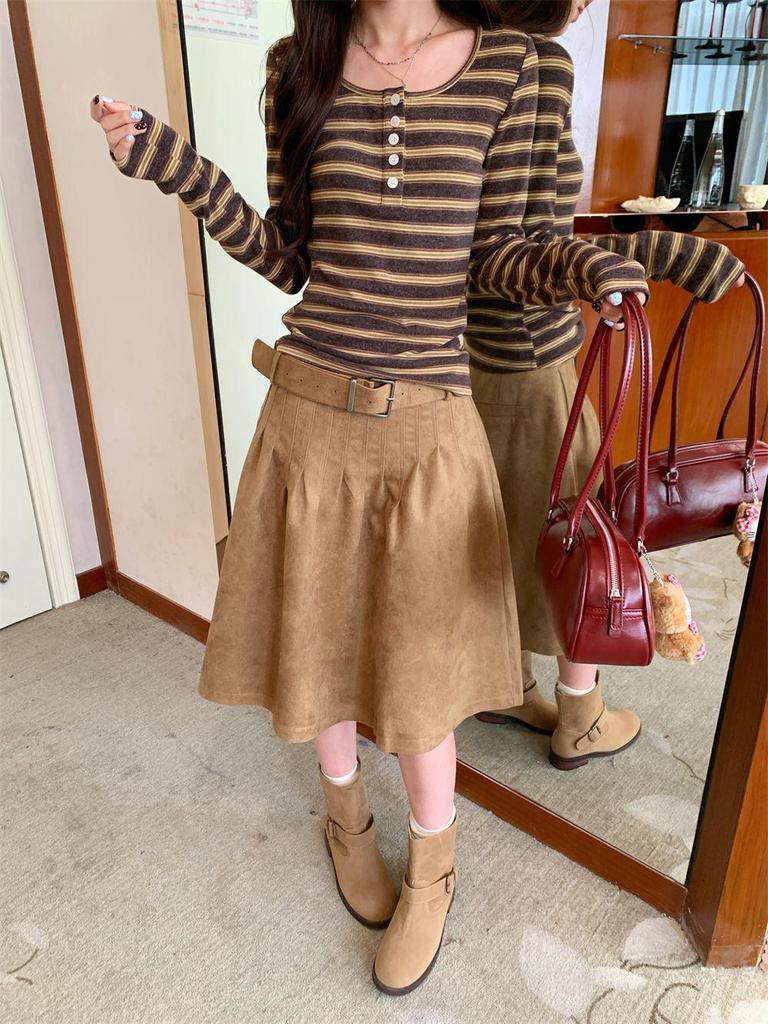 Women's Trendy Slim-Fit Striped Long-Sleeve T-Shirt for Autumn/Winter - Versatile Casual Inner Wear with Round Neck