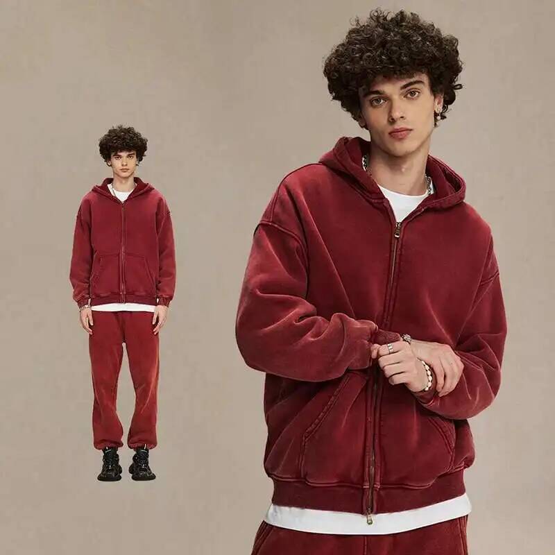 BeatStreet Men's Wear Wax Printing Vintage Male Hoodies Oversized Loose Zipper Water Washed Plush Sweatshirt Trendy New