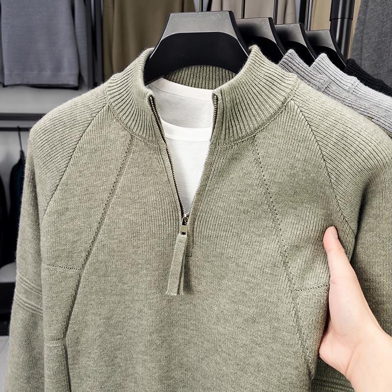 850g Men's Heavyweight Stand Collar Zipper Knit Sweater - Winter Warm Base Layer for Mid-Aged and Young Adults.