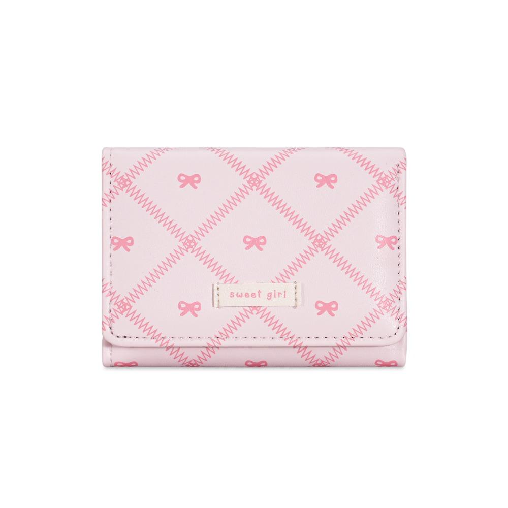 Portable Sweet Bow Wallet Three Fold Mini Cute Card Holder Coin Purse Flower Design Lightweight Leather Card Holder Girl