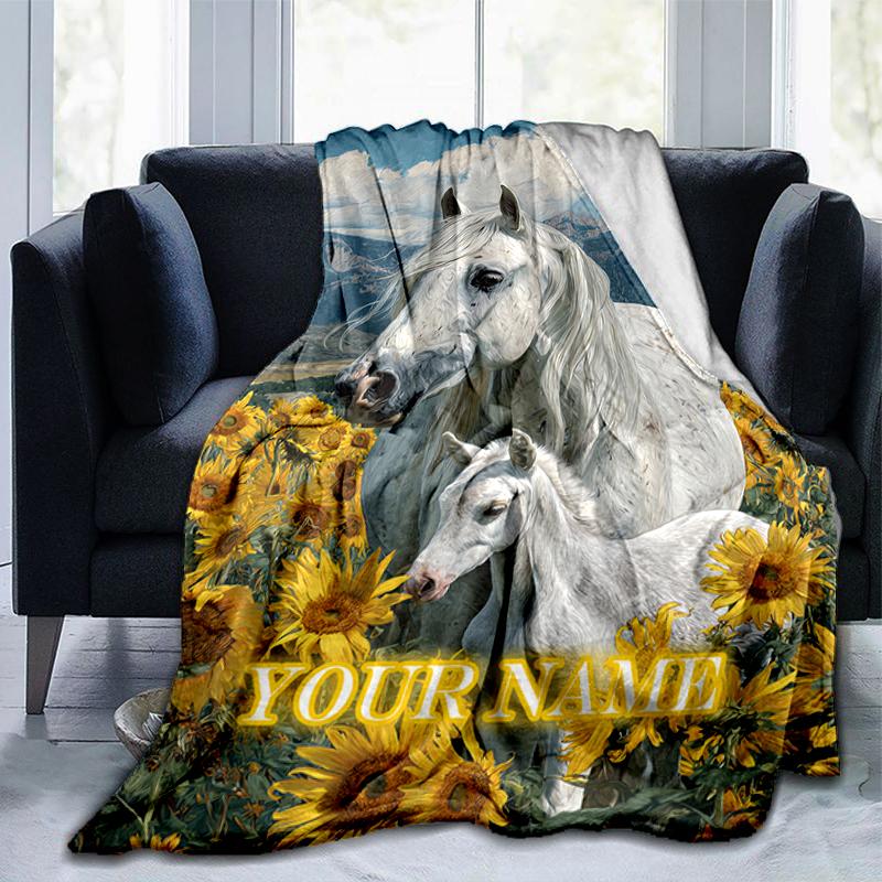 1PC Custom Name Horse Foal Sunflowers Flannel blankets Patterns Throw Blanket All-Season Soft Gift for Couch, Bed, Camping gifts