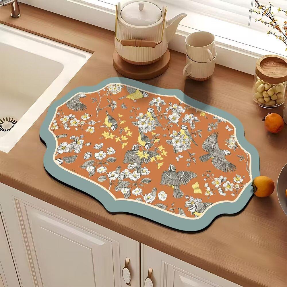 American Vintage Flower Diatoms Mud Drain Mat Kitchen Absorbent Quick Drying Table Mat Household Bowl Plate Drying Mat