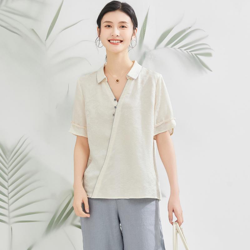 24 MM Jacquard New Chinese Style Top, Spring/Summer Versatile Short Sleeve, Mulberry Silk, Chinese Style Elegant Women's T-shirt