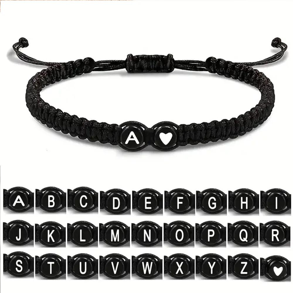 Trendy Black 26 Letter Braided Bracelet Handmade Adjustable Rope Woven Wristband Wrist Jewelry Accessories Couple Gift
