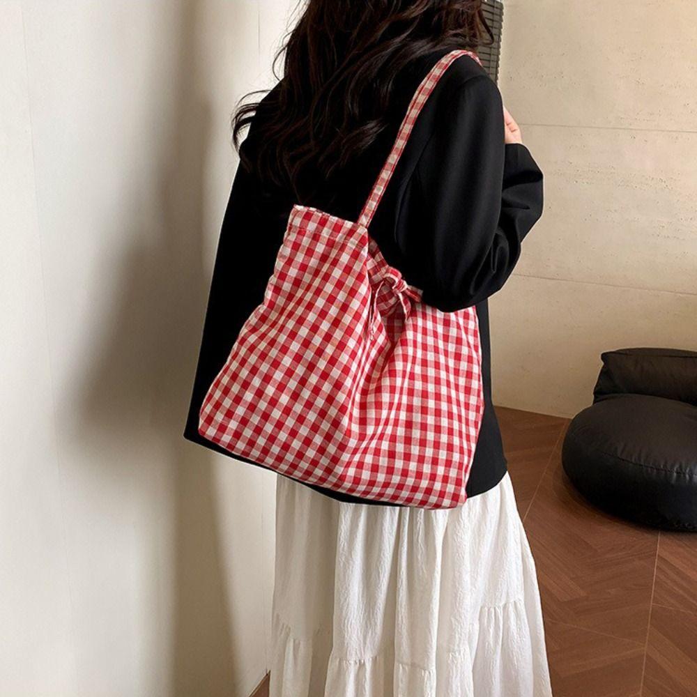 Trendy Polyester Plaid Tote Bags Large Capacity Lightweight Bow Shoulder Bag Bow Tie Design Shopping Bag Ladies