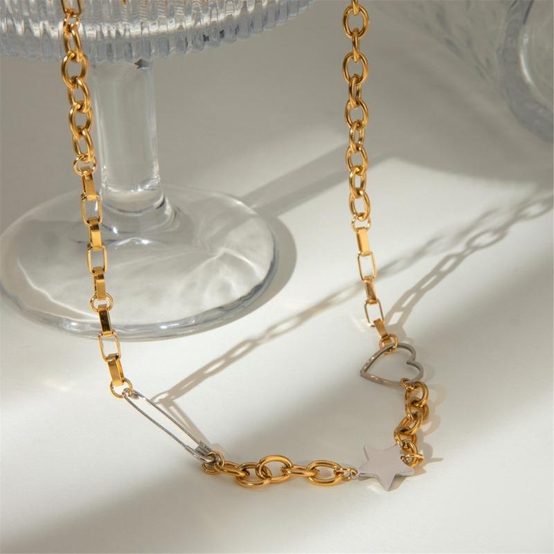 Gold Plated Stainless Steel Necklace Five-pointed Star and Love Heart Designed Neck Chain for Women Daily Jewelry Gift