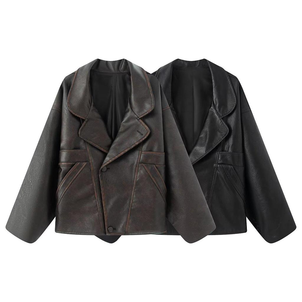 European & American Style Women's PU Leather Three-Button Jacket with Turn-Down Collar