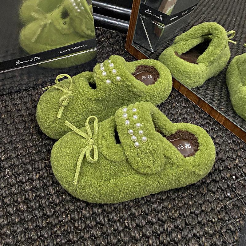 Модные зимние женские пушистые тапочки на толстой подошве с подкладкой из флиса, без застежек, домашняя обувь, женские, удобные, повседневные, мюли, шлепанцы 35 зелёный