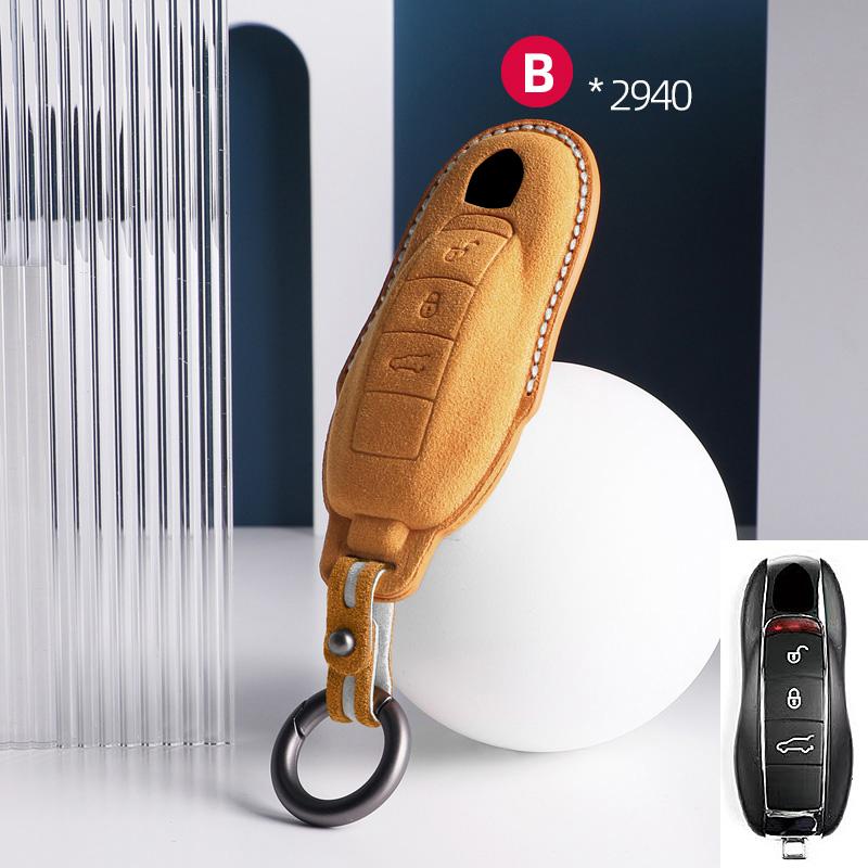 For Porsche Panamera Cayenne 971 911 9YA Macan Boxster Spyder Carrera Cayman 970 981 991 3 Buttons Suede Car Key Case Keychain
