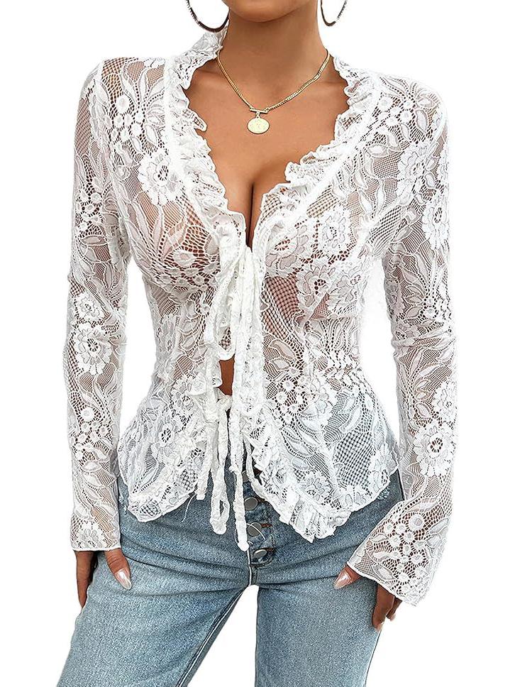 2026 Spring/Summer Women's Elegant Lace V-Neck Long-Sleeve Shirt