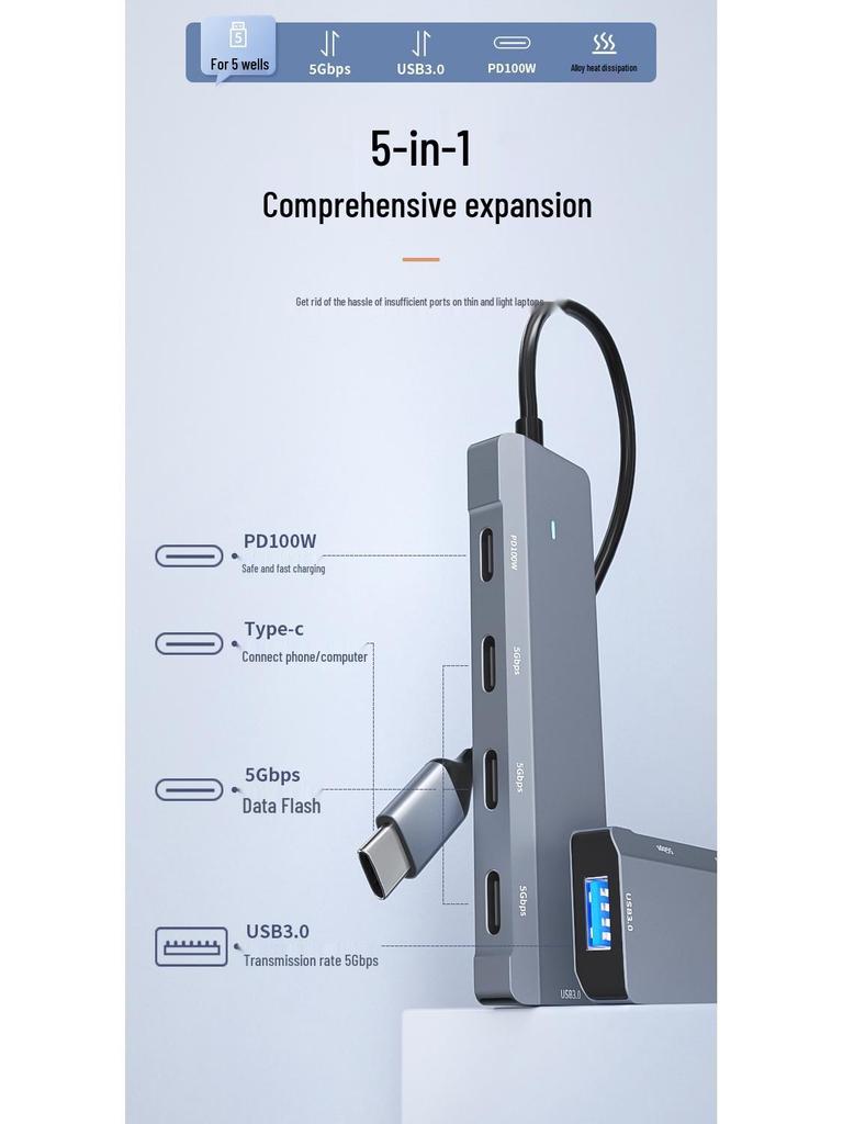 Type-C Five-in-One Hub: PD100W Fast Charging with USB3.0/Type-C Expansion.
