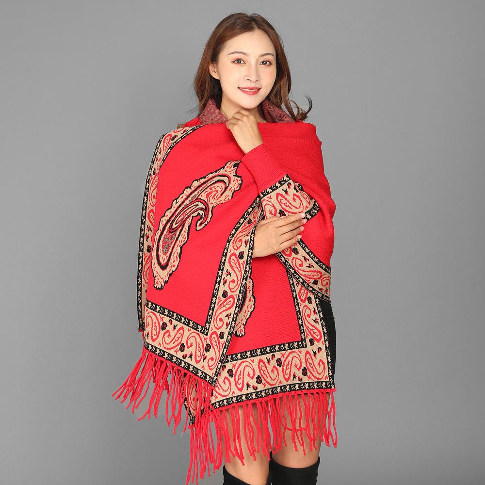 

Sleeved ethnic-style shawl cheongsam with paisley pattern for women, autumn and winter warm cashmere red scarf cape coat with tassels красный