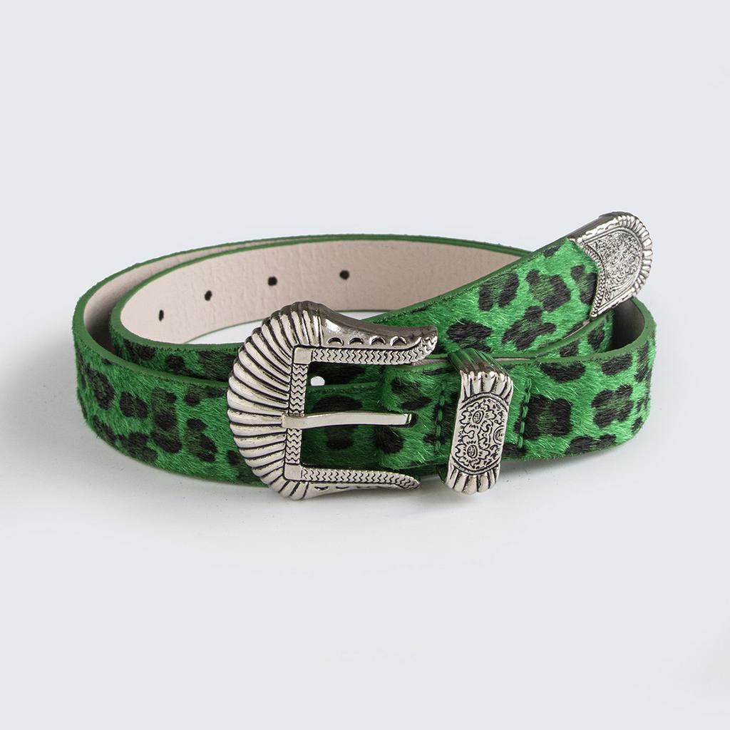 New Retro Carved Imitation Horsehair Leopard Print Fashionable Dopamine Western Buckle Belt for Women's Waist Belt