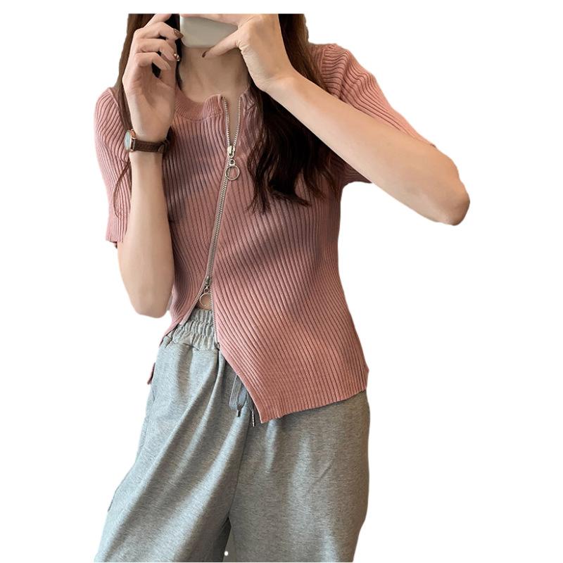 Summer Design Niche Zipper Knit Short-sleeved T-shirt Women Slim and Thin High Waist Short Tops Casual Essential Comfort Style Slim Fit Pullovers Tees