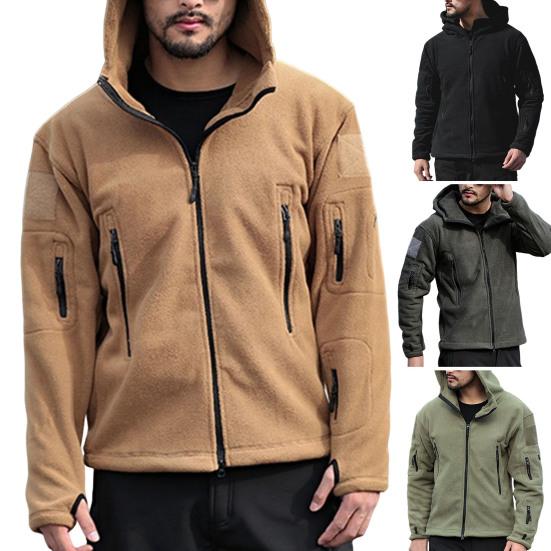 Men Jacket Solid Color Hooded Long Sleeve Fleece Slim Multi Pockets Windproof Hoodie for Outdoor