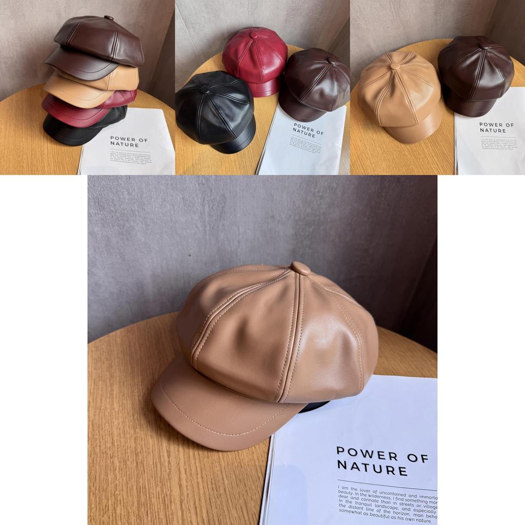 Pu Leather Octagonal Hat For Women With Sun Protection Chic Winter Fashion Accessory