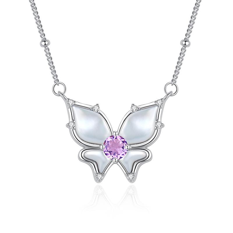 

S925 Sterling Silver Butterfly Necklace, Inlaid Natural Crystal, Multi-color Optional, Elegant Clavicle Chain Jewelry for Women, Gift for Girlfriend 925 silver