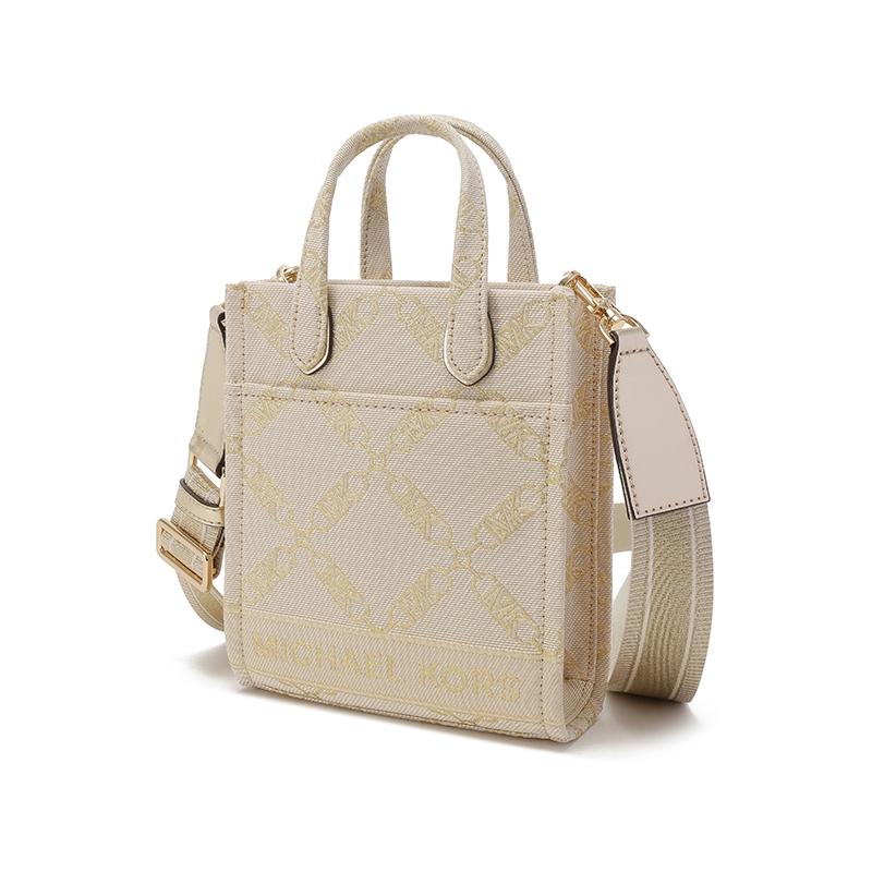 Michael Kors MK Gigi Diamond Pattern Chain Open Tote Fabric Crossbody Bag Mini Women Handbags Beige Gold 32F3G3GC9J-NAT-PALEGOLD