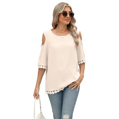 Women's Spring and Summer New Round Neck Lace Chiffon Shirt Loose Strapless Middle Sleeve Tops