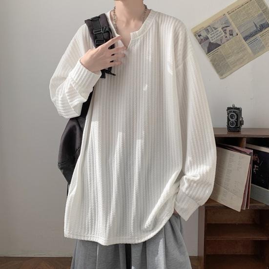 Spring Autumn Men Top V Neck Long Sleeves Oversized Solid Color Loose Mid Length Striped Texture Pullover Hip Hop Streetwear Sweatshirt