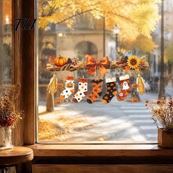 Halloween Party Supplies Hanging Socks Window Stickers, Decorative Branch Pumpkin Popcorn & Bow Decals for Autumn Reusable Clings Harvest Festival And