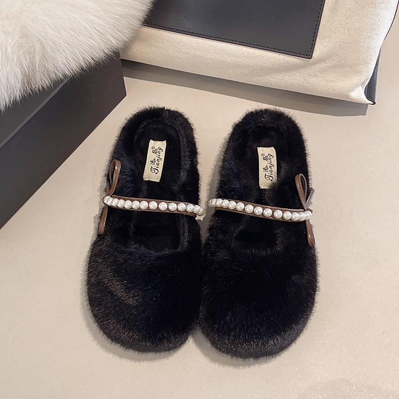 2025 New One-pedal Fluffy Shoes for Women's Autumn and Winter Outer Wear Fleece Single Shoes Flat-soled Large-size Warm Doudou Shoes