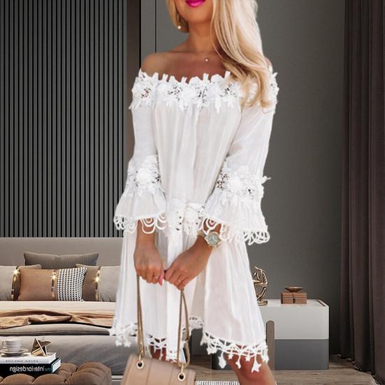 Röhrenoberkleid, einfarbig, Spitze, schulterfrei, 3/4-Ärmel, Pullover, Partykleidung, weiß, Sommer, Strandparty, Ein-Schulter-Kleid, Damenkleidung