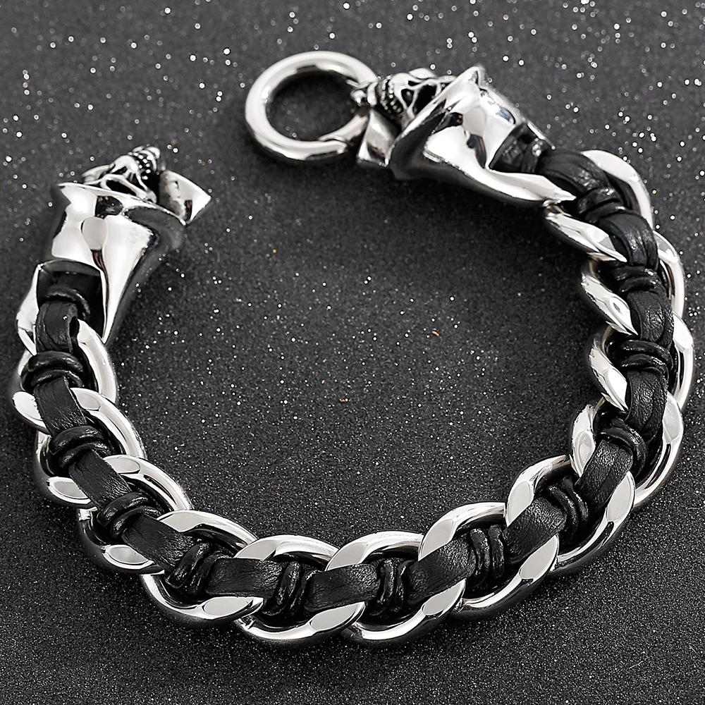 Cool Men's Braided Genuine Leather Skull Bracelet for Men Gothic Cast 316l Stainless Steel Wristband Punk Biker Bracelet Jewelry