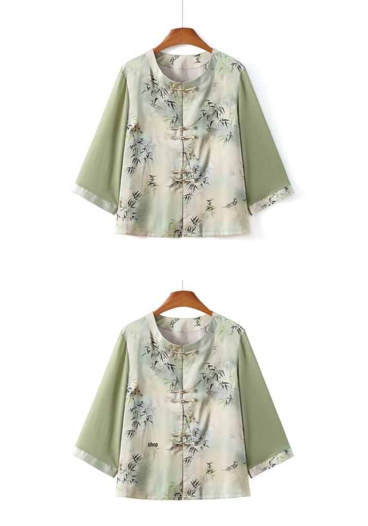 Mom's Chiffon Blouse - New Chinese Style Three-Quarter Sleeve Top for Middle-Aged & Elderly Women