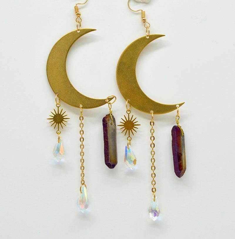 Multi-colored Copper Moon and Sun Raindrop Crystal Earrings
