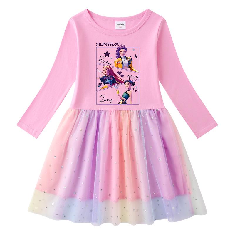 Korean-Style Kpop Demon Slayer Mesh Princess Dress for Kids - Short Sleeve for Summer, Long Sleeve for Spring/Autumn