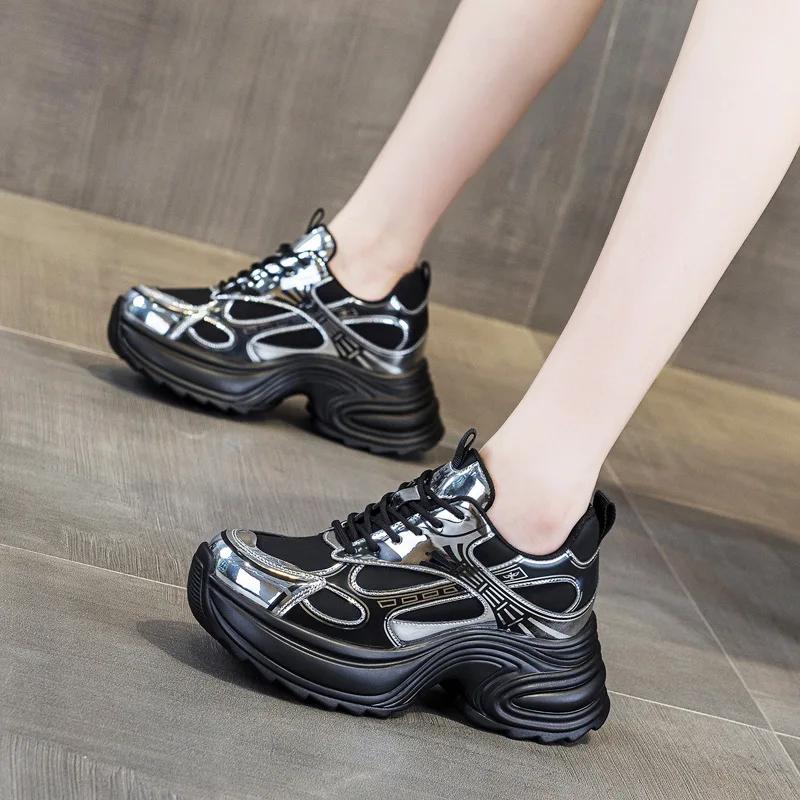 Fashion 9CM Chunky Sneakers for Women Genuine Leather Women Casual Shoes Women Spring Fashion Sneakers Walking Shoes Platform Heel Wedge