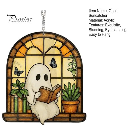 Window Suncatcher Decoration Halloween Ghost Reading Sun Catcher, Stained Glass Style Hanging Double-sided Translucent Ornament, Cute for Home Garden
