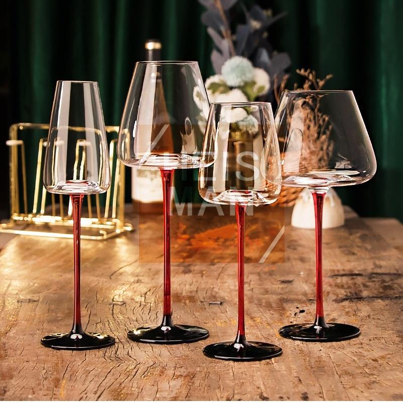Red Stem Wine Glass Set, Hand-Blown Crystal Burgundy Glasses for Red Wine & Champagne