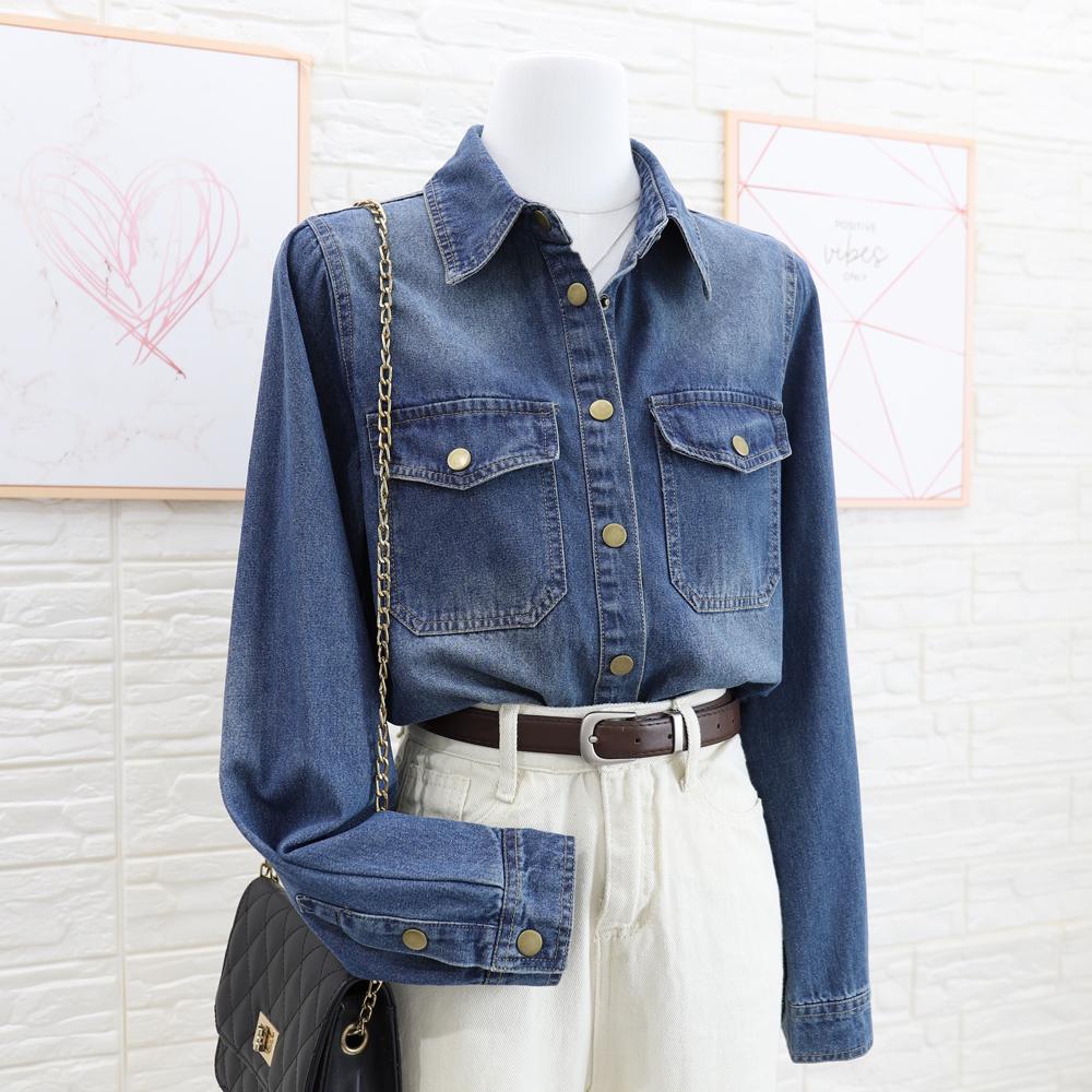 

Bailu Shoulder Retro Denim Shirt: Early Autumn European & American Style Petite Layering Women s Coat Small синій