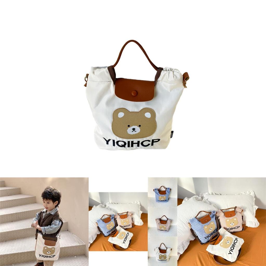Adorable Kids Bear Pattern Gingham Tote Bag Stylish Springtime Crossbody For Girls