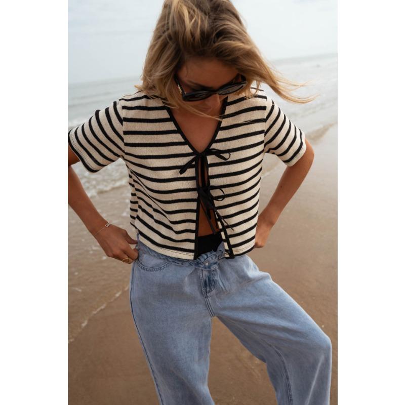 

Женский летний полосатый шнурованный новый кардиган с короткими рукавами и вязанным топом XL абрикосовый